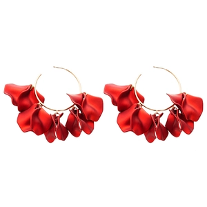 Retro red acrylic flower petal hoop earrings with gold-tone rings for women's fashion