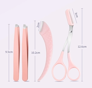 Pink eyebrow trimming kit with tweezers, facial razor and comb scissors dimensions