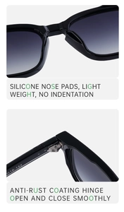 Detail of polarized sunglasses showing silicone nose pads and rust-proof metal hinges