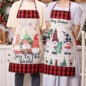 Christmas Kitchen Apron Buffalo Plaid Linen Fabric Gnome Pattern Festive Cooking Baking Decor Party Adult Hanging Neck Tie