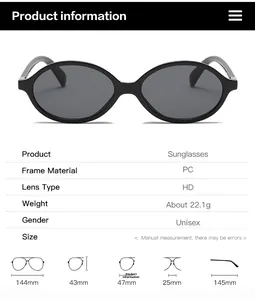 Detailed size chart for retro oval sunglasses showing dimensions and PC frame weight info