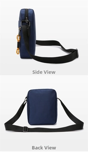 Detailed side and back view of a slim navy crossbody bag with adjustable black strap