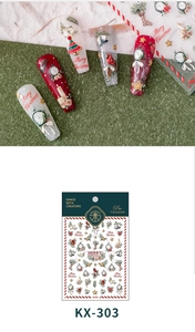 Detail of KX-303 Christmas nail stickers with vintage trees, clocks and red bird motifs