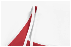 Close-up of red yoga bra with white double piping and elastic shoulder straps