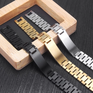 Detailed view of 15mm watch band style bracelets in black, gold, and silver finishes