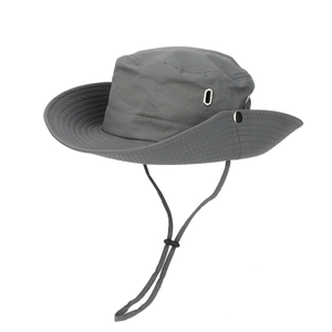 Detail of dark grey wide brim sun hat showing side ventilation holes and metal snap buttons