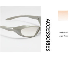 Detail view of square Y2K wraparound sunglasses featuring thick temples and clear lenses