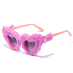 Pink fuzzy heart-shaped sunglasses with plush trim for party and fashion wear