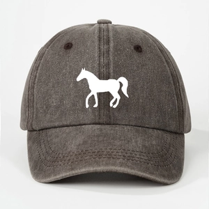 Detailed view of horse silhouette print on dark grey washed cotton baseball cap