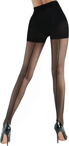 Macro detail of sheer black seamed tights showing the back vertical line and texture