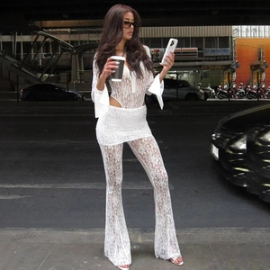 Damen Spitze Schlaghose Hohe Taille Perspektive Patchwork Minirock Sexy Durchsichtig Slim Fit Y2K Streetwear Hose
