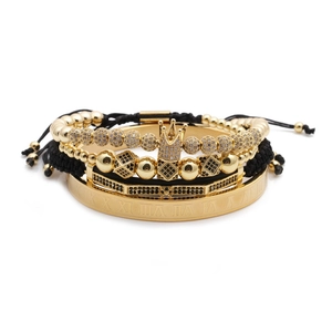 Set 4 bracciali da uomo con ciondolo a corona e rigido con numeri romani in oro