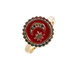 Adjustable gold ring with red enamel face featuring celestial moon star and colorful stones