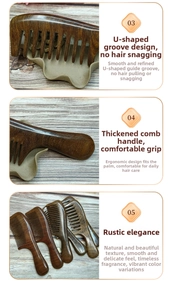Detail of U-shaped groove and thick smooth handle on natural sandalwood massage comb
