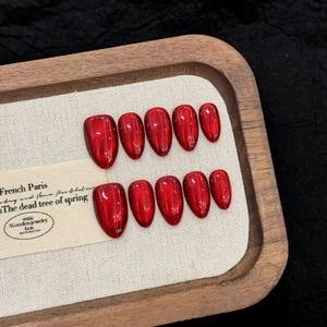 Wine Red Cat Eye Press On Nails Ruby Glass Bead Glossy Handmade Short Almond Shape Elegant Fashion Manicure