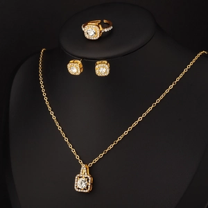 Elegant Alloy Zircon Square Halo Necklace Earrings And Adjustable Ring For Women Wedding Bridal Jewelry Party Gift