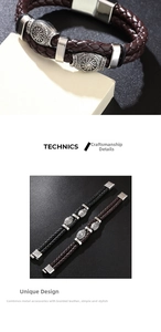 Détail macro du bracelet en cuir tressé avec boucle magnétique et charme boussole viking