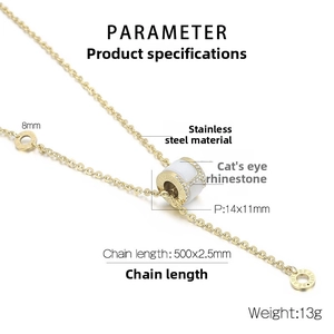 Close-up of gold titanium necklace featuring opal cylinder pendant and rhinestone accents