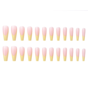 24pcs long coffin press on nails featuring yellow french tips and pink base