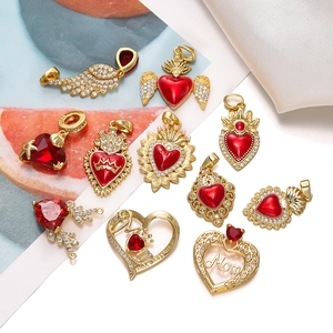 18K gold plated wing heart pendants with red enamel and Zirconia stones for DIY jewelry