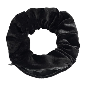 Black velvet hair scrunchie with hidden zipper pocket for storage and styling