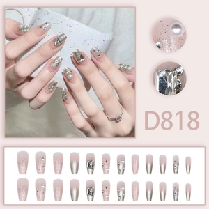 Pink gradient coffin press-on nails with silver glitter, pearls and rhinestones D818