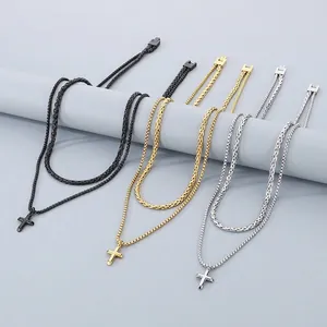 Double Layered Cross Pendant Necklace Titanium Stainless Steel Hip Hop Streetwear Versatile Jewelry For Men