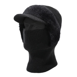 Winter striped knit beanie with ear flaps and integrated neck warmer in black faux fur