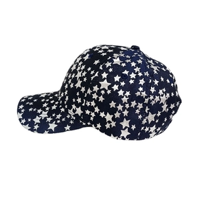 Navy blue baseball cap with white star pattern print and curved brim for outdoor sun protection