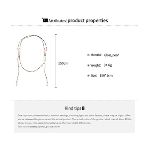 Detailed spec sheet showing a 150cm bohemian beaded pearl necklace with material info