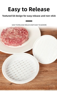 Detail of white burger press with ribbed texture showing how to shape hamburger patties