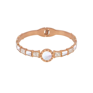 Rose gold titanium bangle featuring roman numerals, white shell inlay and pavé crystals