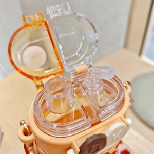 Cute cartoon children's dual-drinking water bottle with straw and portable strap