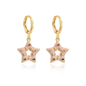 Detail of 18K gold plated star earrings with pink enamel and colorful zircon stones