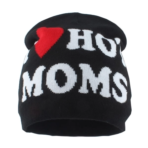 Black knitted beanie with I HEART MOMS text and red heart pattern on white background
