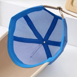 Internal view of mesh baseball cap with breathable fabric and adjustable leather back strap