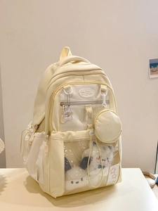 Cute cream yellow large capacity school backpack with transparent mesh pocket and doll