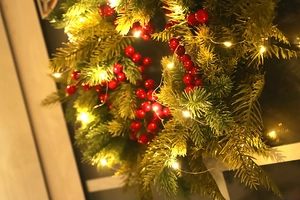 Close-up of green Christmas wreath with vibrant red berries and warm LED string lights