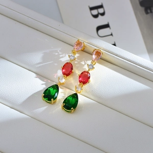 Luxury gold drop earrings with multi-color teardrop crystals and sparkling zircons