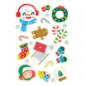 Close-up of colorful Christmas stickers featuring snowman, gingerbread man and bells
