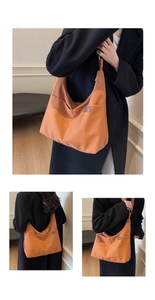 Detailed views of the large orange canvas tote bag showing front, side and back perspectives