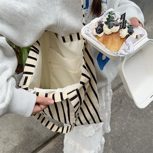 Detail of the striped canvas tote bag interior with a secure zipper pocket and beige lining