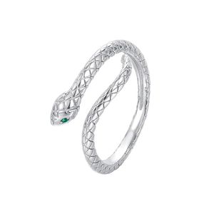 Adjustable S925 sterling silver snake ring with green gemstone eyes in wrap design