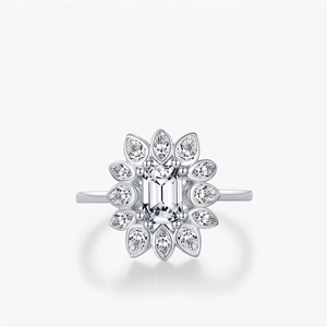 925 Sterling Silver Ring Emerald Cut Zirconia Marquise Halo Sparkling Sunflower Wedding Engagement Jewelry For Women