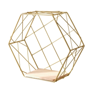 Nordic hexagonal wall shelf with golden metal frame and natural wood base for home decor