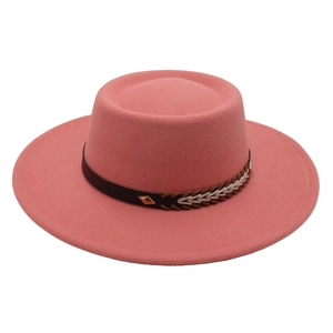Dusty rose pink flat top wool felt fedora hat with black ethnic style decorative band