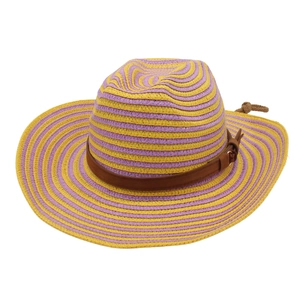 Straw western cowboy hat with purple and yellow spiral stripes and leather band