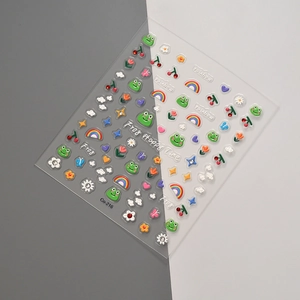 Detail of 3D embossed nail stickers featuring cute green frogs, rainbows and cherries