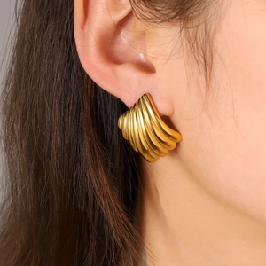 Chic 18K gold plated stainless steel hoop earrings with unique textured ripple design
