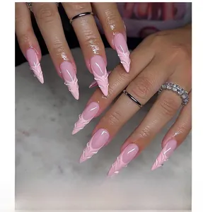 Detail of almond shaped press-on nails with 3D pink water ripple texture and french design